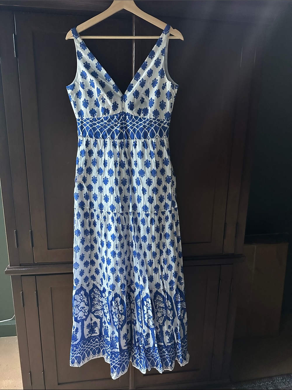 J. Crew Blue and White Floral V-Neck Maxi Dress